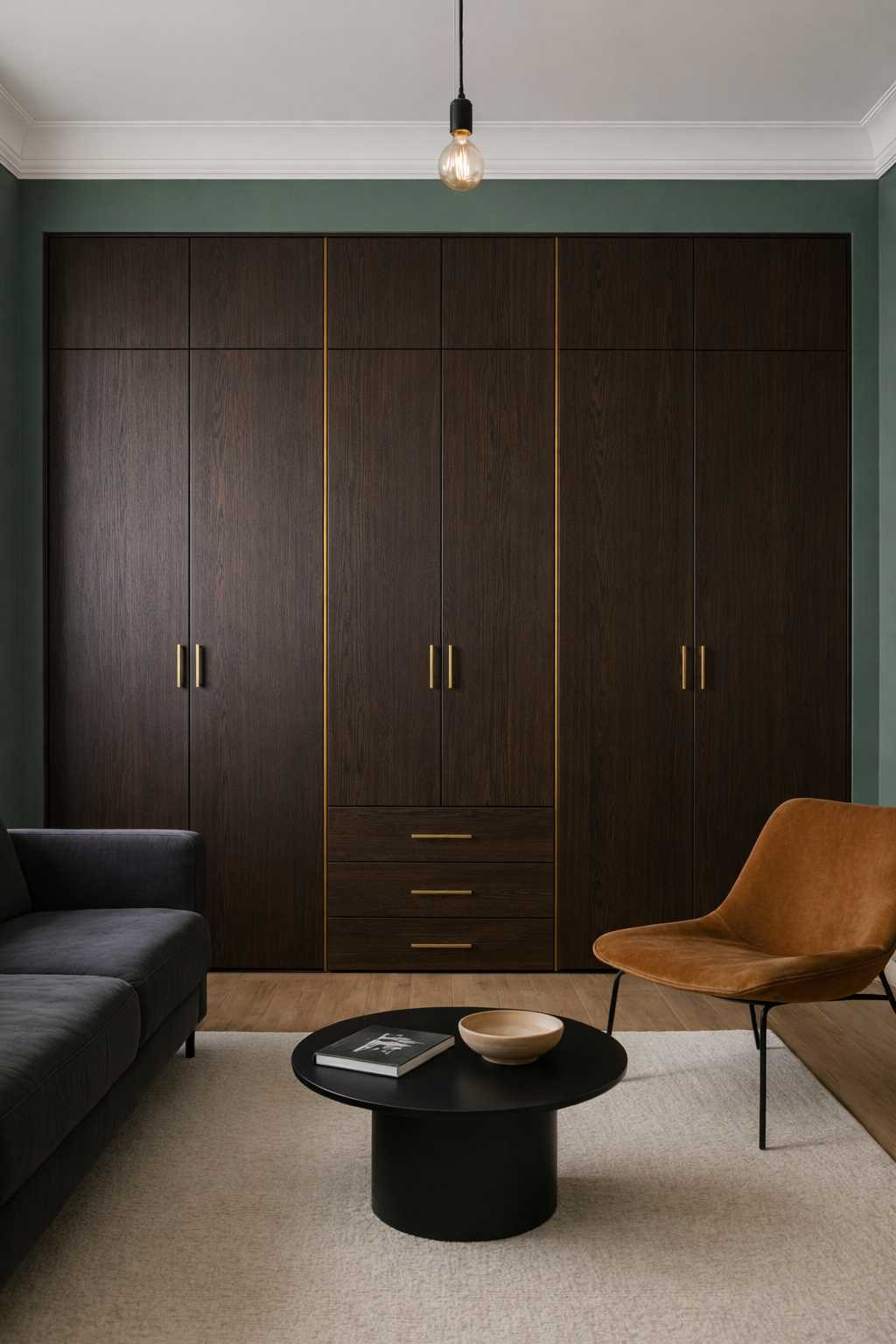 Шкаф шпон. Вставки и ручки латунь.