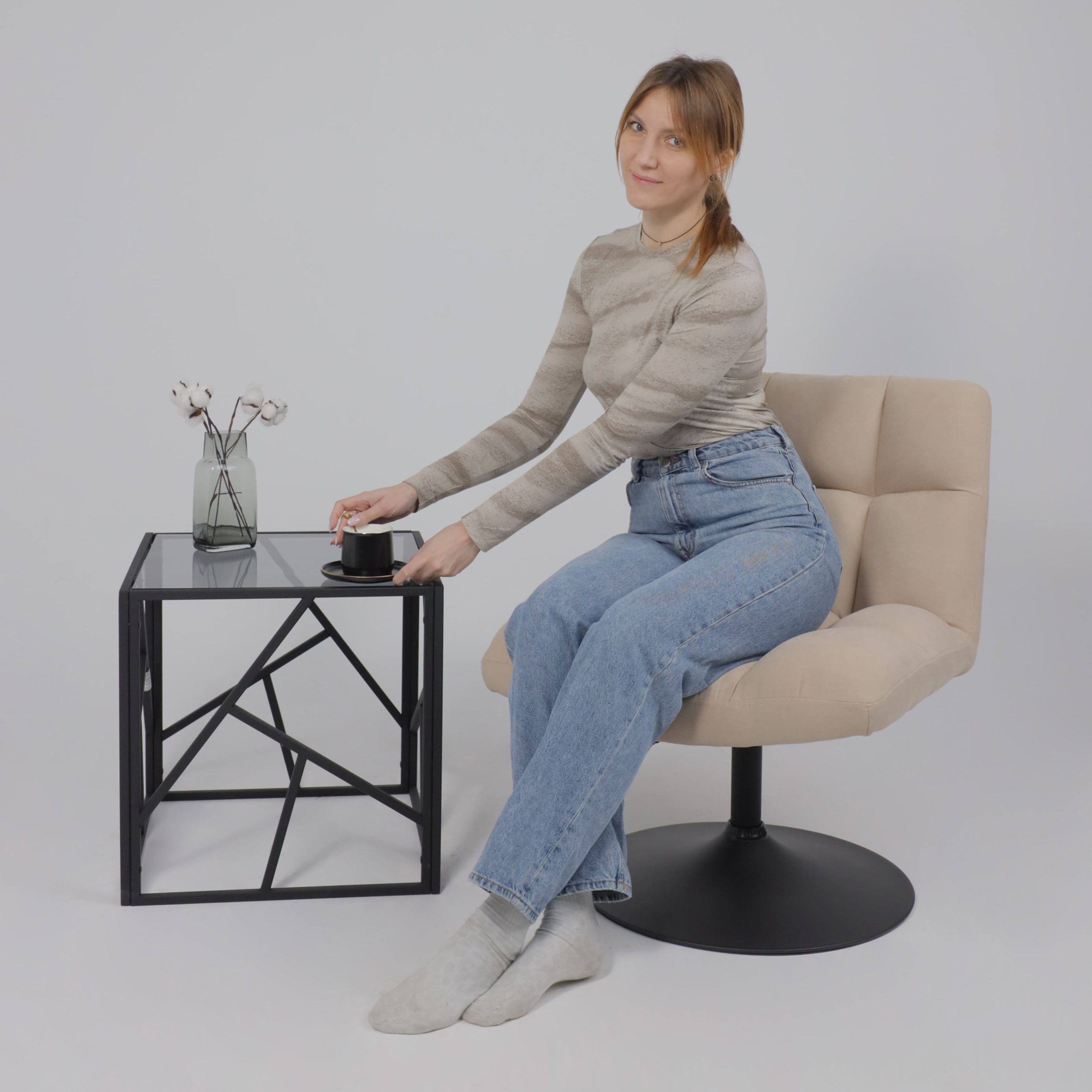 Кресло GRANDE, поворотное, песочная ткань Linen Fabric-3/черный