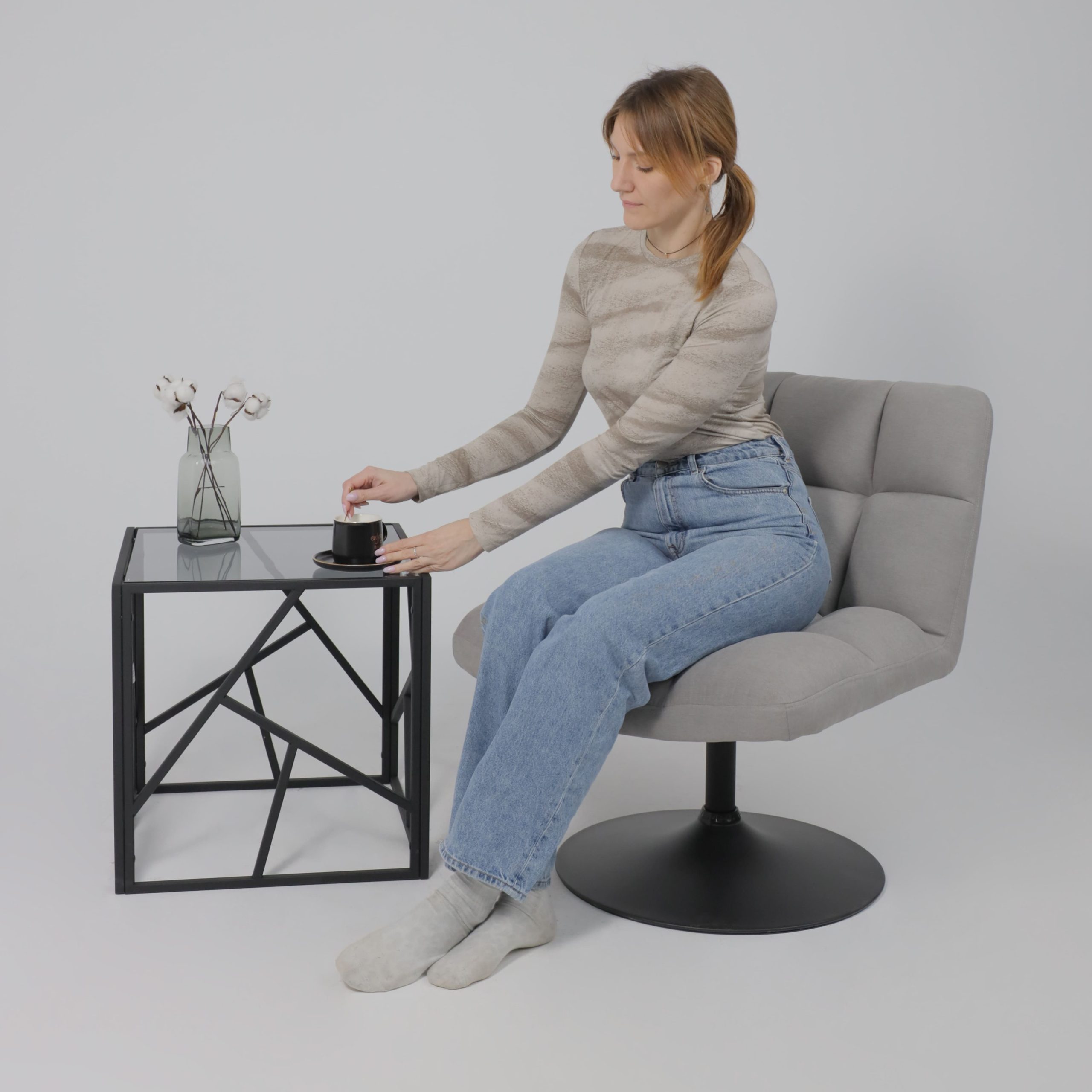 Кресло GRANDE, поворотное, серая ткань Linen Fabric-11/черный