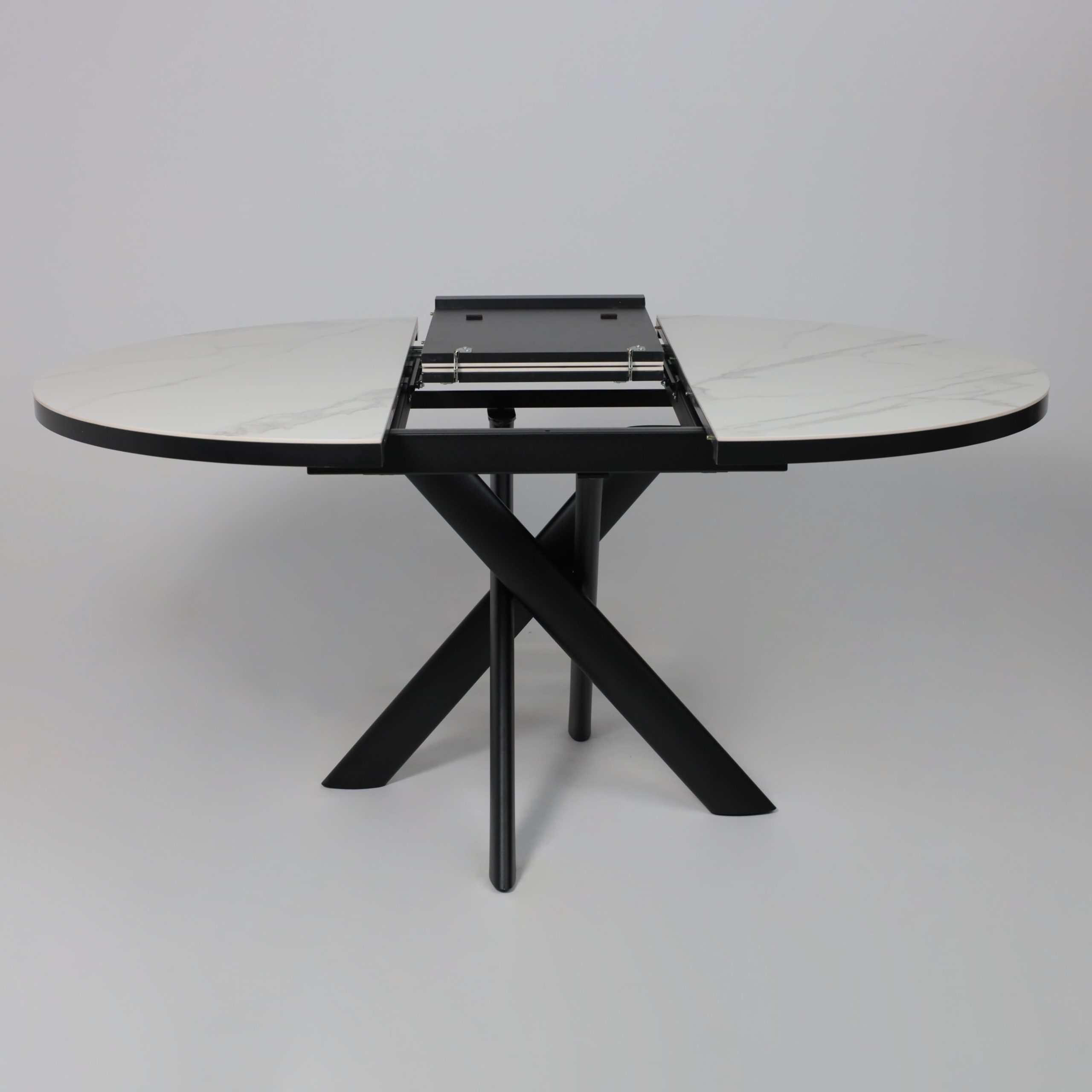 Стол RONALDO-120, круглый раздвижной 120(160), PATAGONOA BIANCO GLOSS PREMIUM CER/Черный