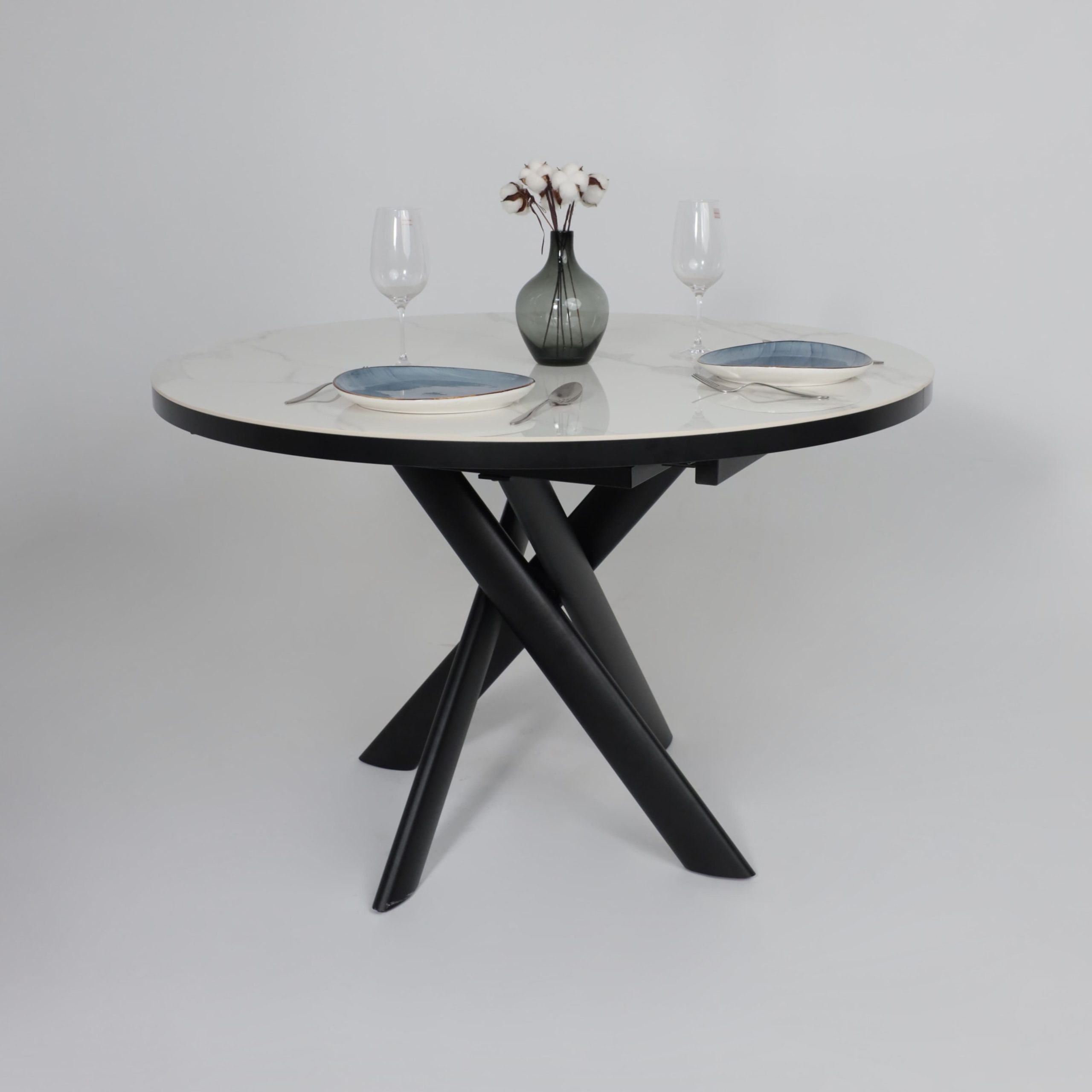 Стол RONALDO-120, круглый раздвижной 120(160), PATAGONOA BIANCO GLOSS PREMIUM CER/Черный