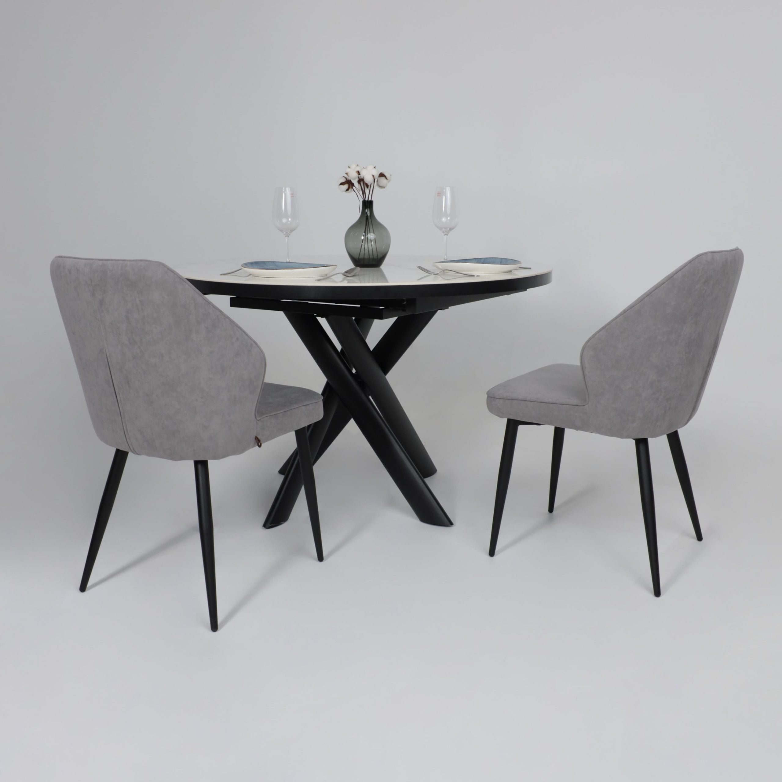 Стол RONALDO-120, круглый раздвижной 120(160), PATAGONOA BIANCO GLOSS PREMIUM CER/Черный