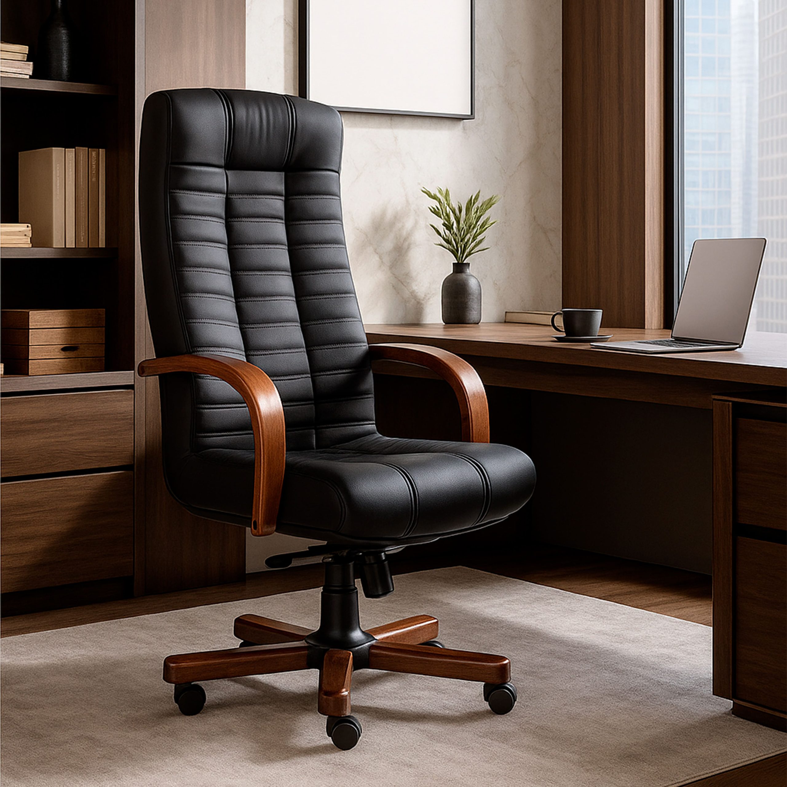 Кресло Атлант экстра (орех светлый) кожа (черная) мультиблок