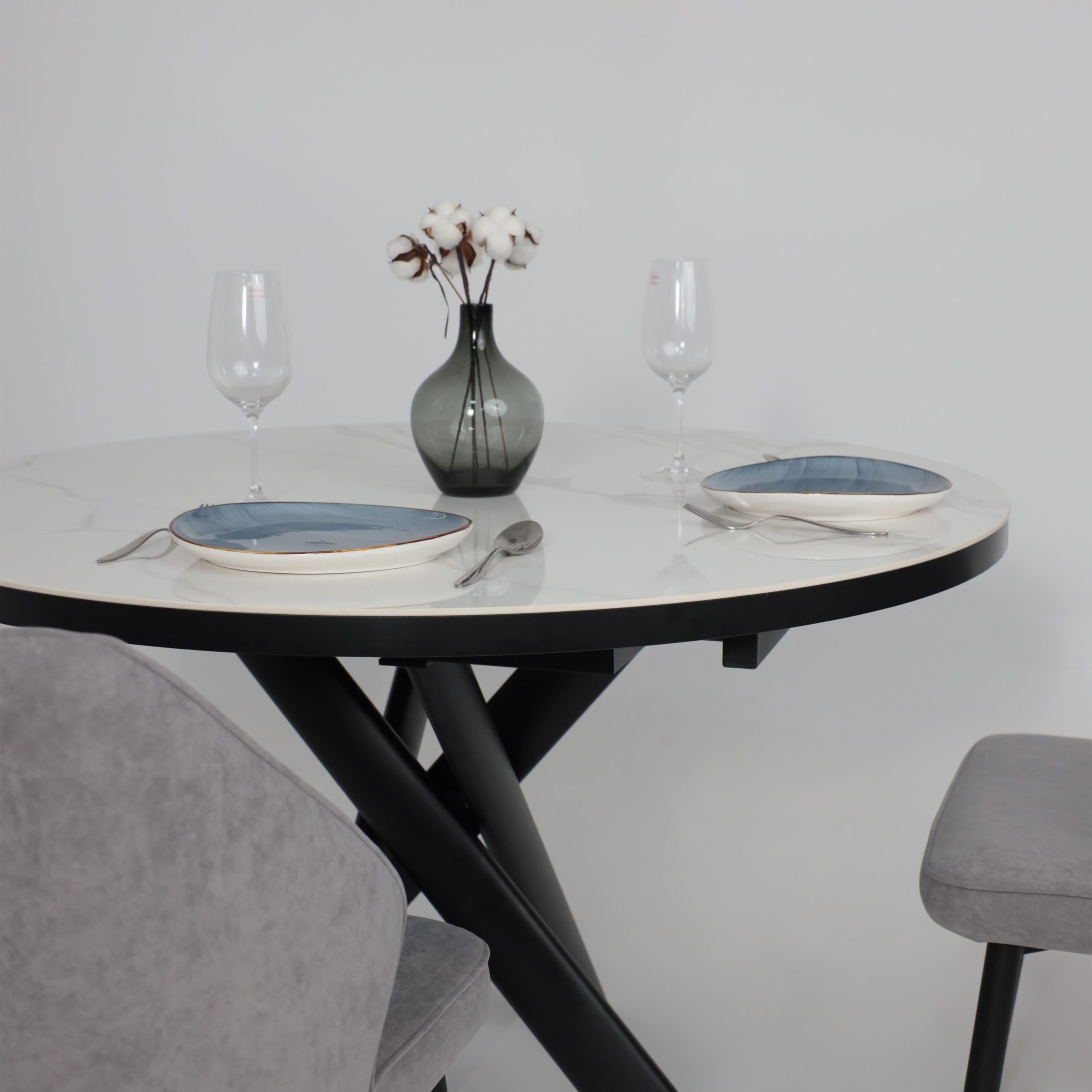 Стол RONALDO-120, круглый раздвижной 120(160), PATAGONOA BIANCO GLOSS PREMIUM CER/Черный