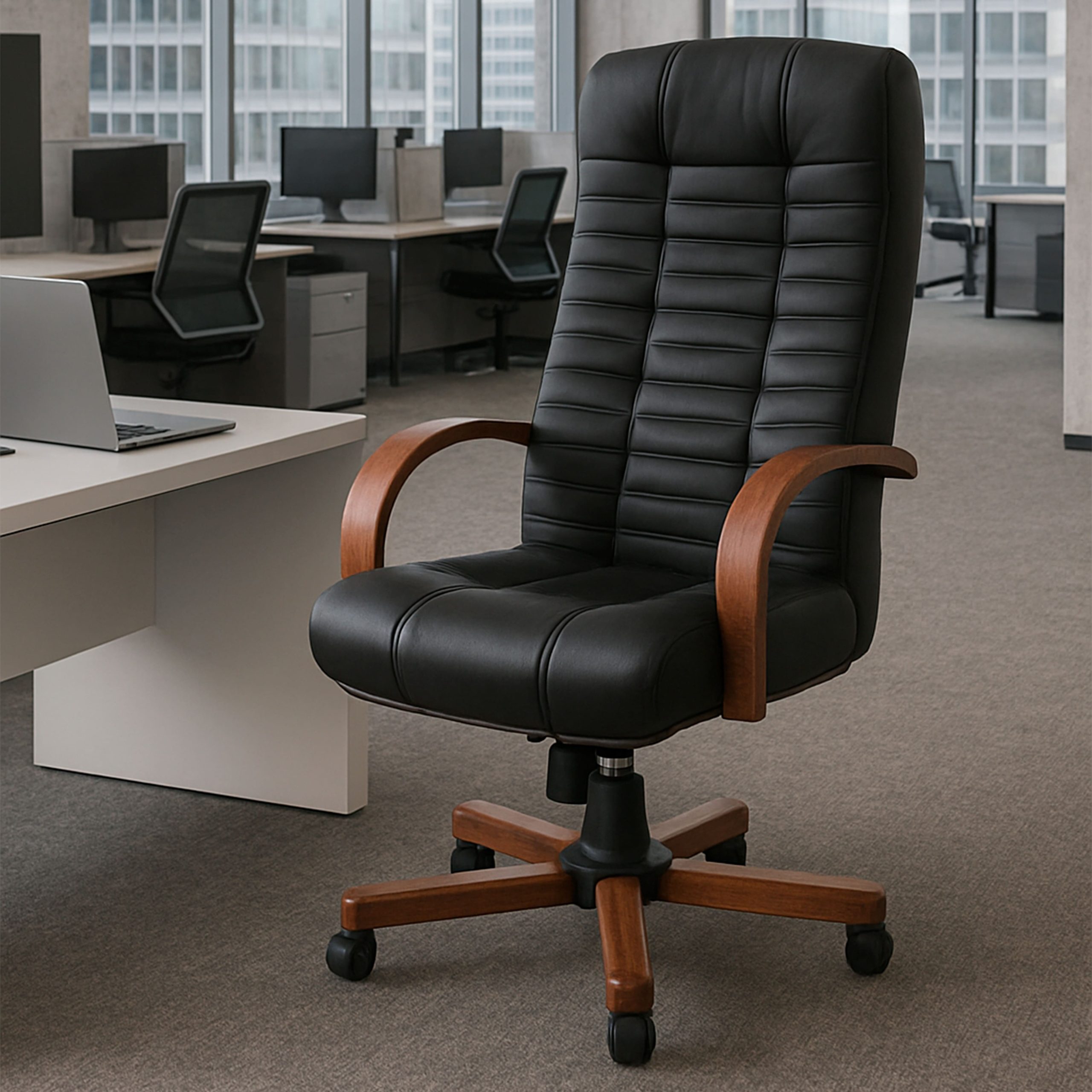 Кресло Атлант экстра (орех светлый) кожа (черная) мультиблок