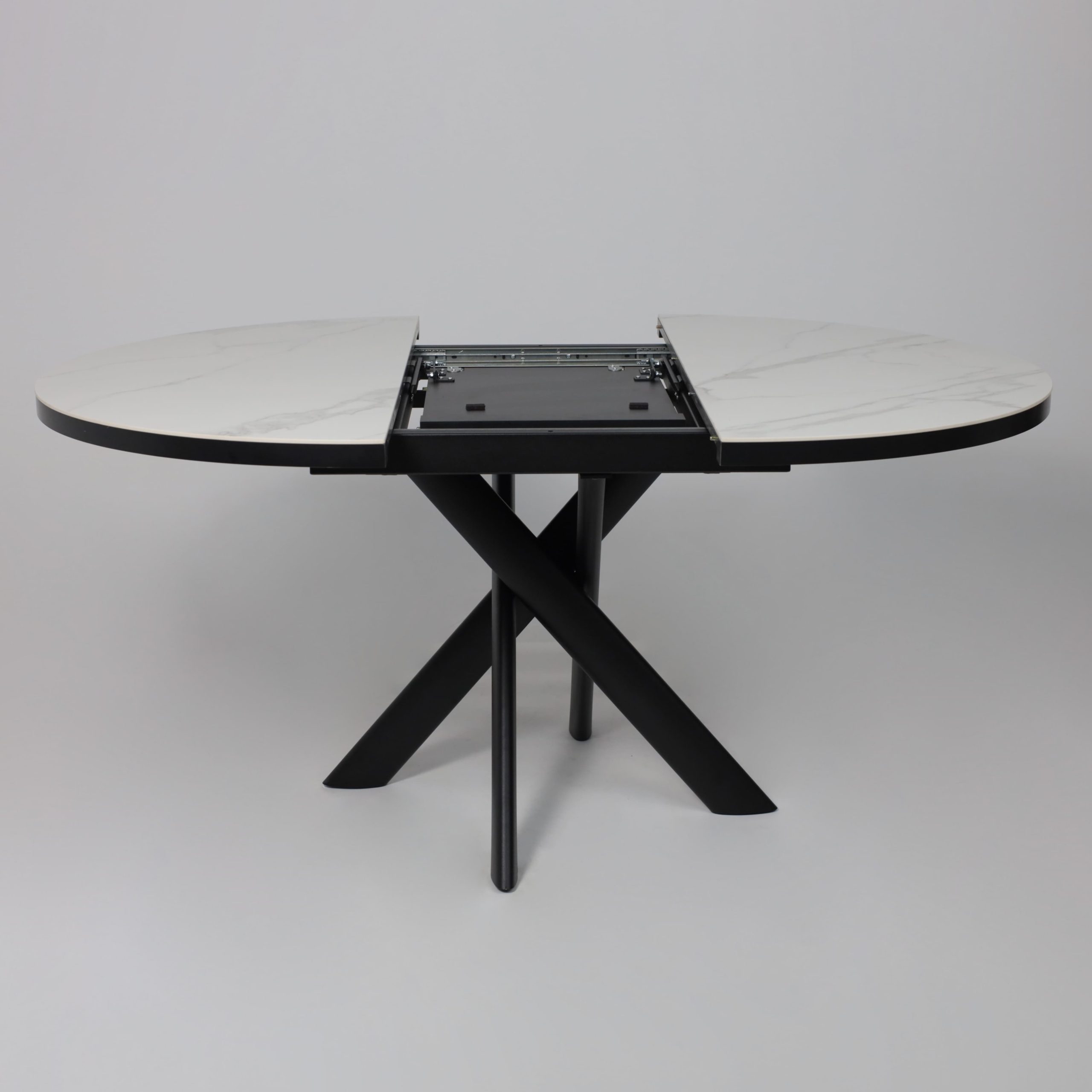 Стол RONALDO-120, круглый раздвижной 120(160), PATAGONOA BIANCO GLOSS PREMIUM CER/Черный