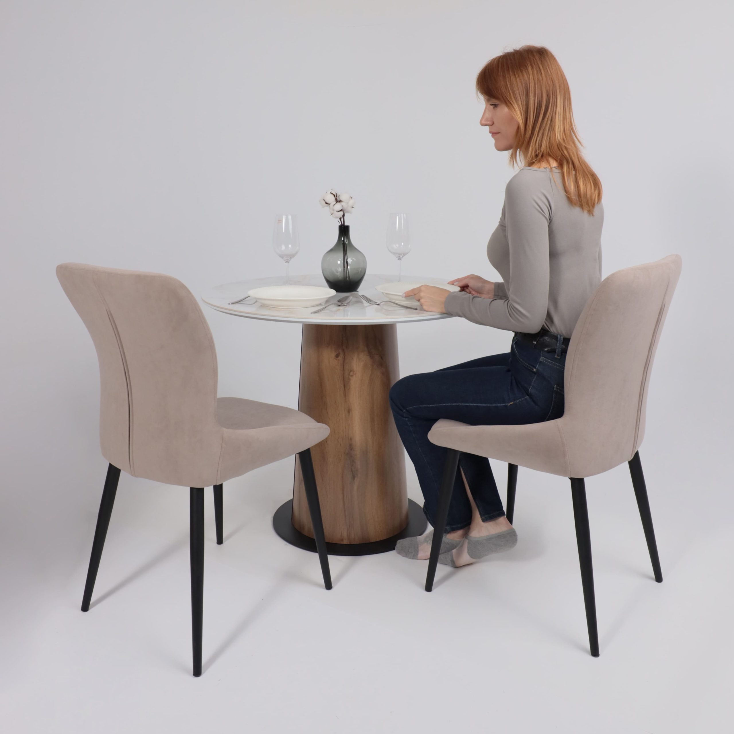 Стол AV 2317, МДФ+керамика, нераздвижной 900 белый, глянцевый CARLA LARKIN/черный+HPL Дуб Вотан