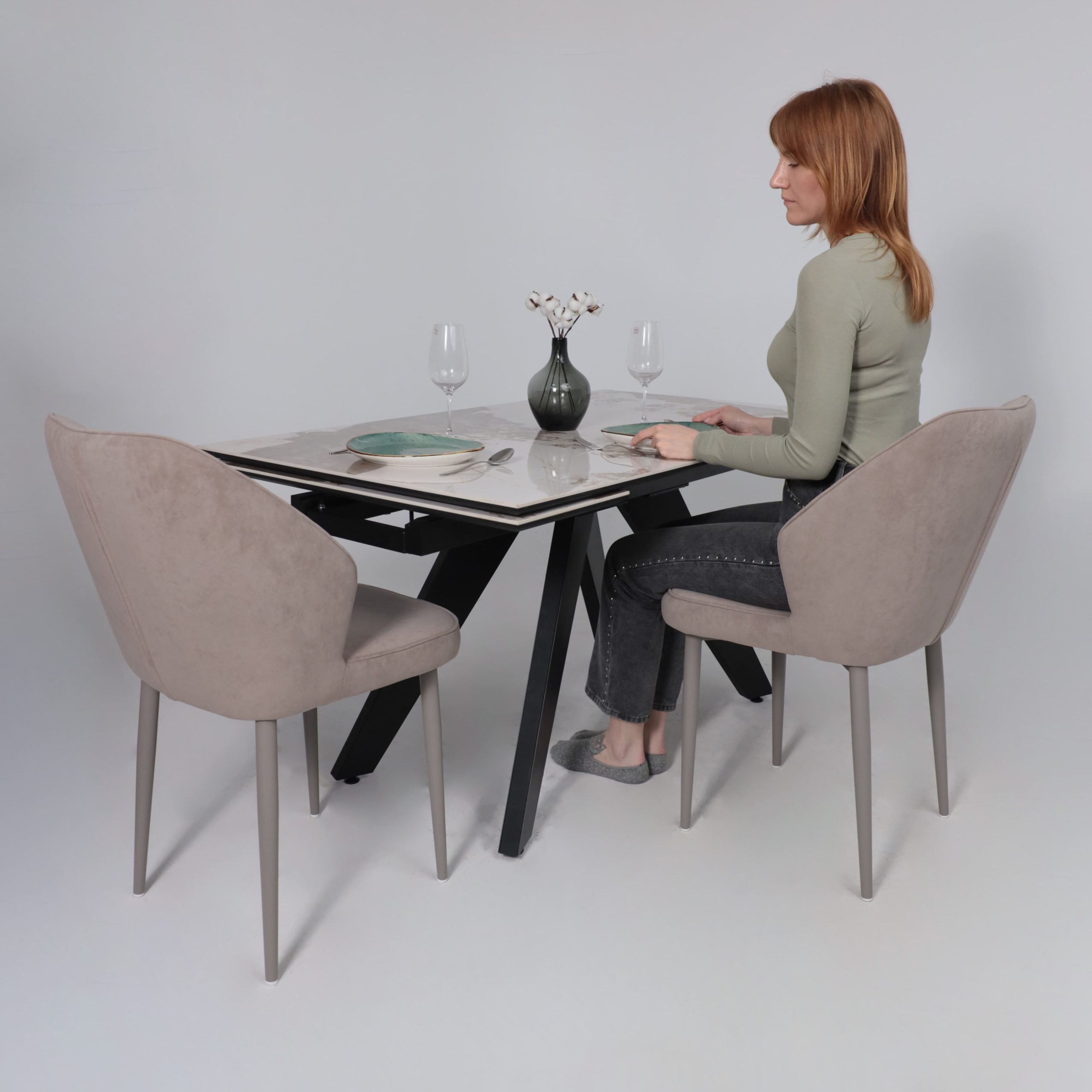 Стол AV 2122, МДФ+керамика, раздвижной 1400 (2000)*850 белый, глянцевый PANDORA/черный