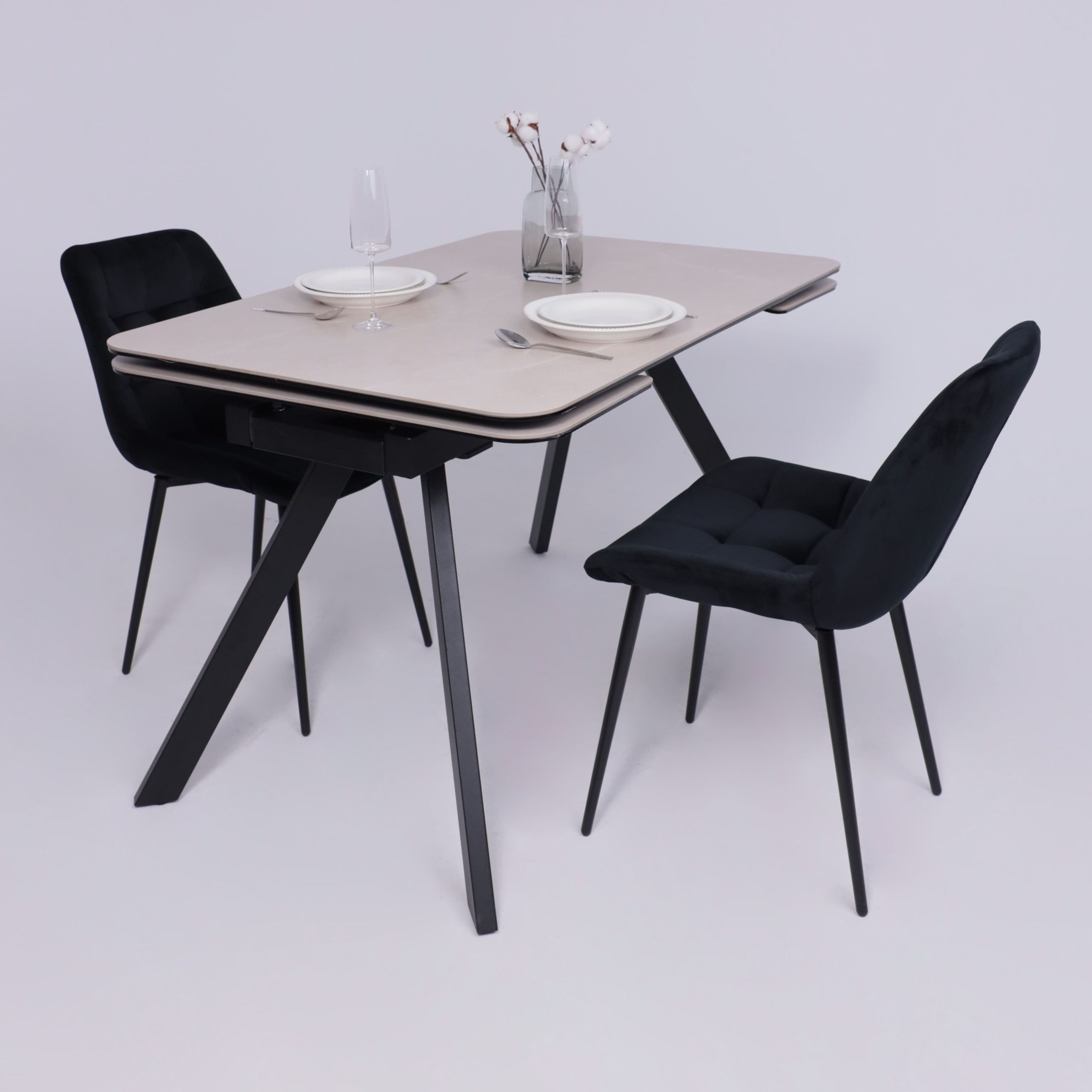 Стол ЛЕОН NEW , керамика 1 кат. 1200(1840)*800, Камень слоновая кость Bayona Ivory/Черный матовый