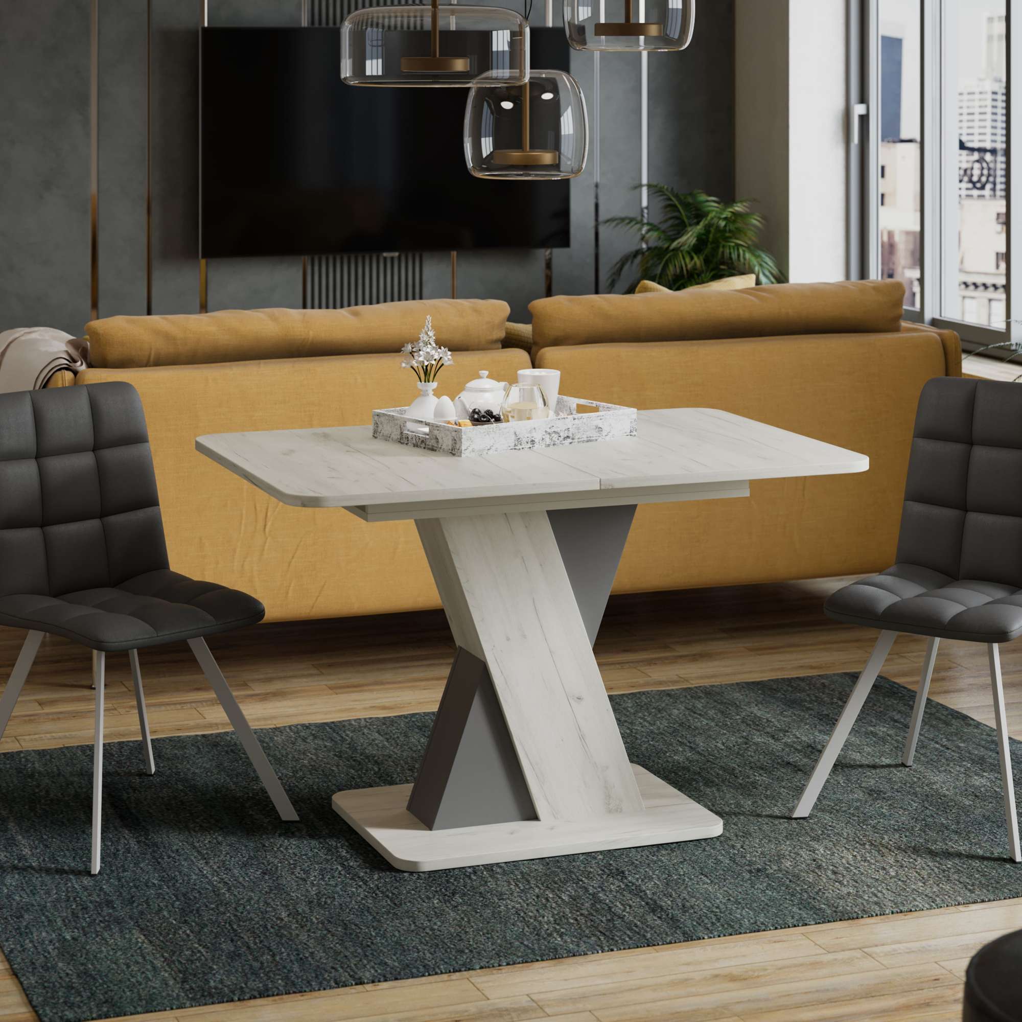 Стол обеденный ЛЮКСЕМБУРГ Тип 3, 1201(1581)*800, дуб крафт белый/серый